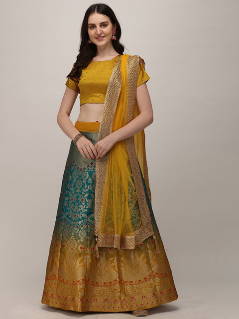 

DEETYA ARTS Yellow & Gold-Toned Semi-Stitched Lehenga & Unstitched Blouse With Dupatta