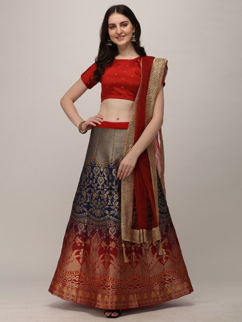 

DEETYA ARTS Red & Blue Semi-Stitched Jacquard Lehenga & Unstitched Blouse With Dupatta