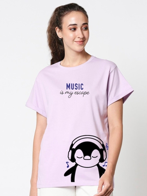 

Bewakoof Women Purple Printed Extended Sleeves Pure Cotton Loose T-shirt