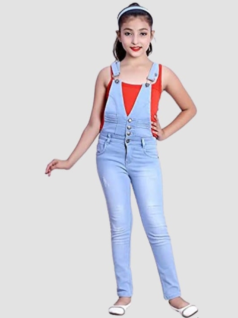 

Elendra jeans Girls Blue Solid Slim-Fit Denim Dungarees