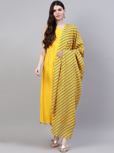 

Stylum Women Mustard Yellow Striped Flared Sleeves Mirror Work Kurta