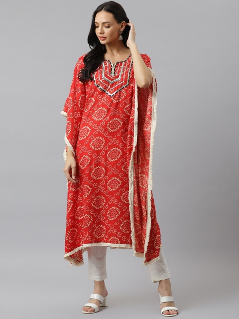 

Stylum Women Red Bandhani Printed Flared Sleeves Gotta Patti Kaftan Kurta