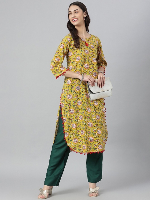 

Stylum Women Mustard Yellow & Green Floral Printed Cotton Kurta