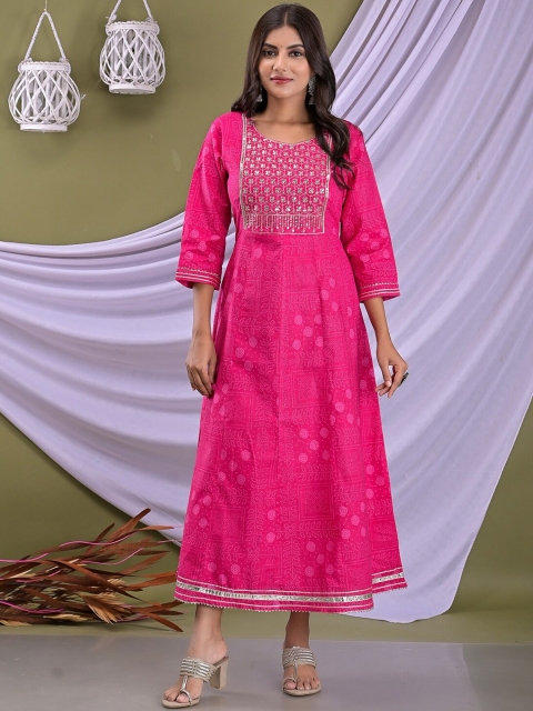 

EtnicaWear Women Pink & Silver-Toned Ethnic Motifs Embroidered Pure Cotton Ethnic Dress