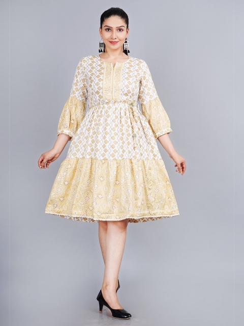 

EtnicaWear Women Yellow & White Ethnic Motifs Printed Pure Cotton Ethnic Dress