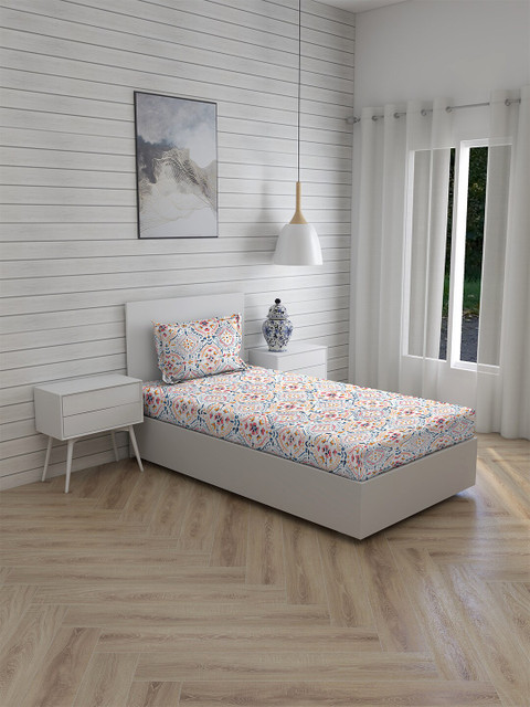 

Boutique Living India Blue & Red Floral 230 TC Cotton Single Bedsheet with 1 Pillow Covers