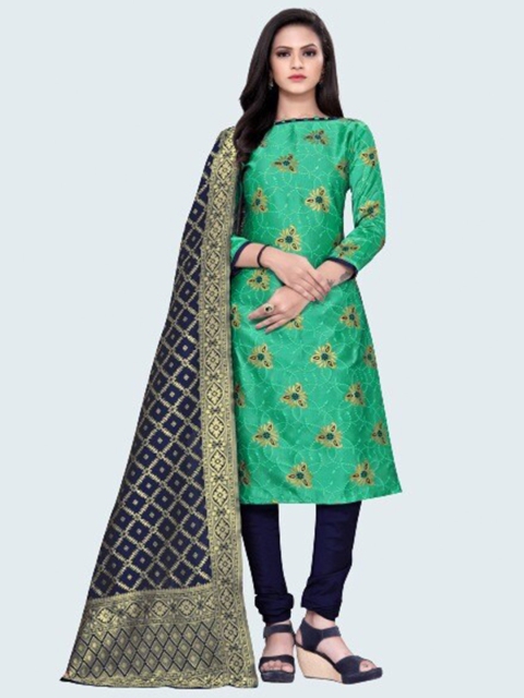 

MORLY Green & Gold-Toned Woven Design Dupion Silk Unstitched Dress Material