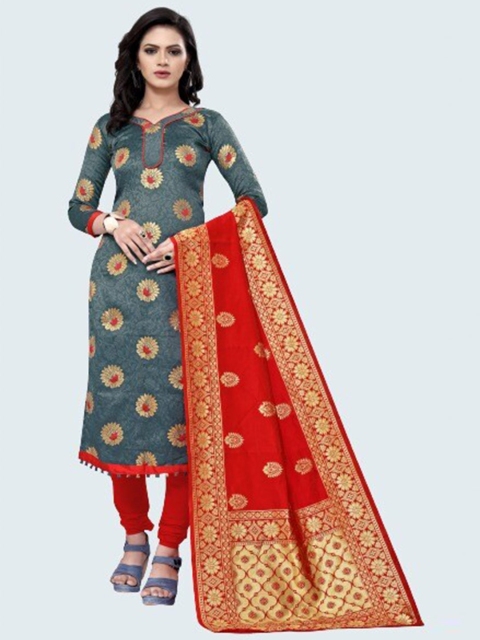 

MORLY Grey & Red Woven Design Dupion Silk Unstitched Dress Material