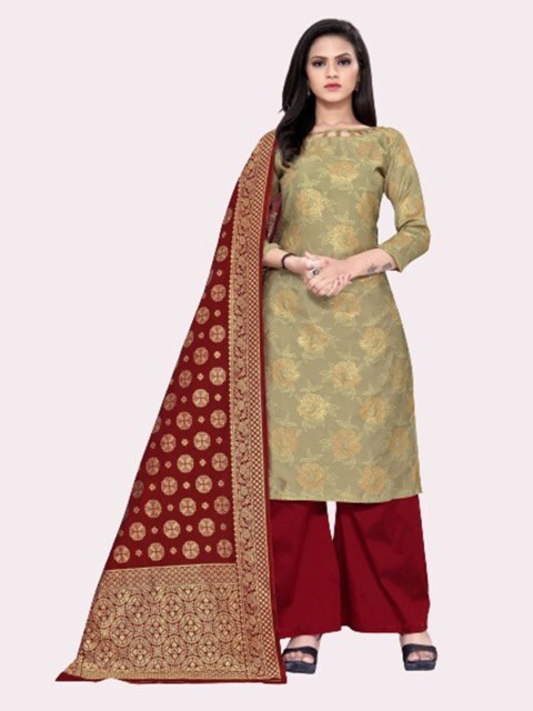 

MORLY Beige & Maroon Woven Design Dupion Silk Unstitched Dress Material