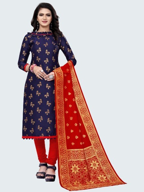 

MORLY Blue & Red Woven Design Dupion Silk Unstitched Dress Material