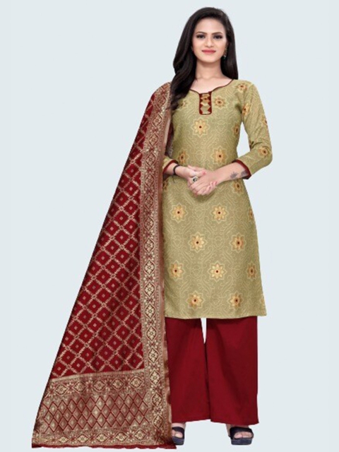 

MORLY Beige & Gold-Toned Woven Design Dupion Silk Unstitched Dress Material