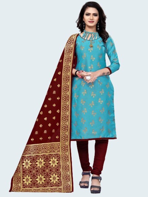 

MORLY Women Turquoise Blue & Maroon Dupion Silk Unstitched Dress Material