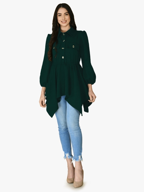 

IUGA Women Green Shirt Style Zig Zag Long Puff Sleeves Top