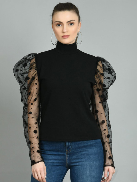 

IUGA Women Black High Neck Puff Sleeves With Polka Dot Detail Top