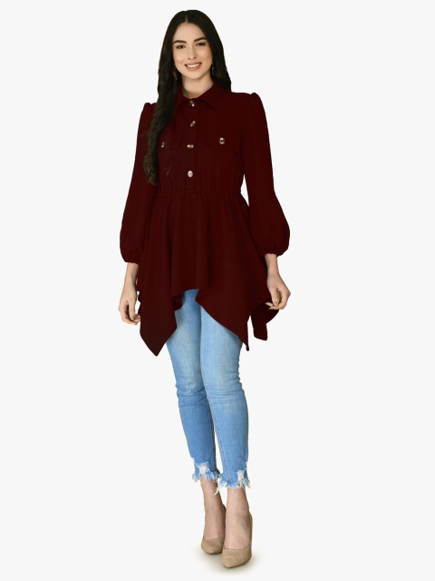 

IUGA Women Maroon Shirt Style Longline Polyester Top