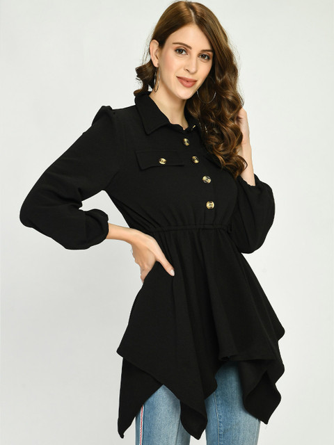 

IUGA Women Black Shirt Style Longline Top