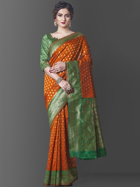 

Jinax Green & Orange Woven Design Zari Pure Silk Banarasi Saree