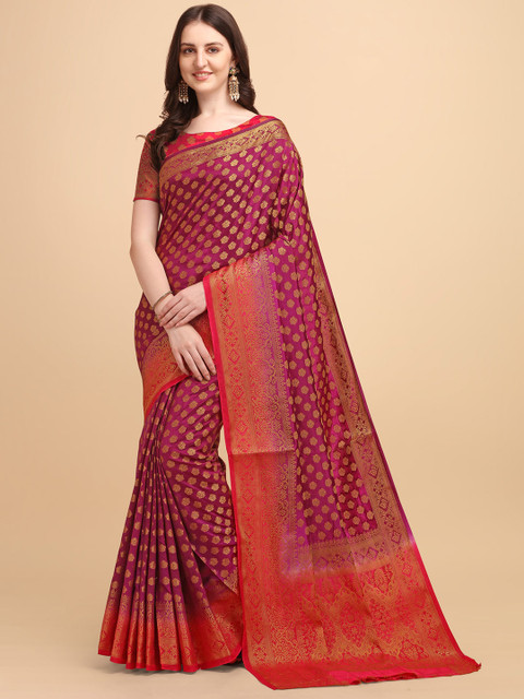 

Jinax Burgundy & Gold-Toned Woven Design Zari Pure Silk Banarasi Saree