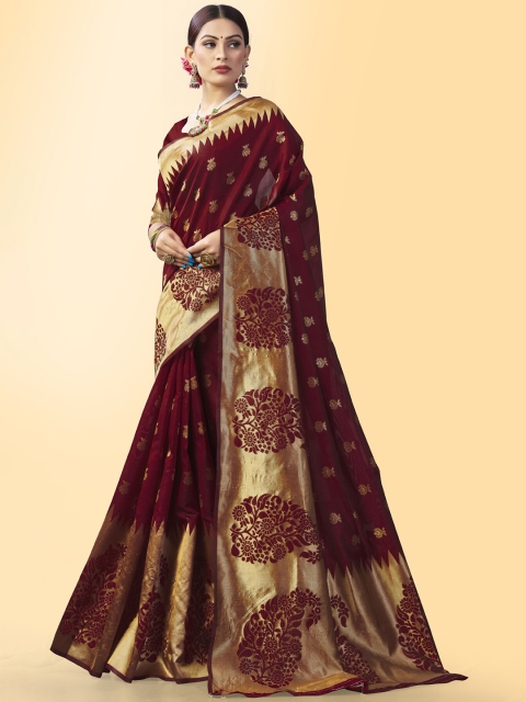 

Jinax Maroon & Gold-Toned Woven Design Zari Pure Silk Banarasi Saree