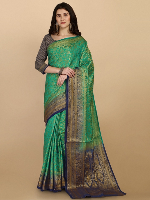 

Jinax Green & Navy Blue Woven Design Zari Pure Silk Banarasi Saree