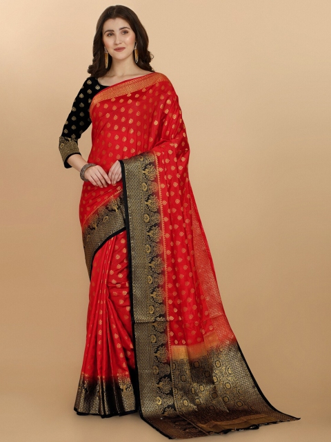 

Jinax Red & Black Woven Design Zari Pure Silk Banarasi Saree