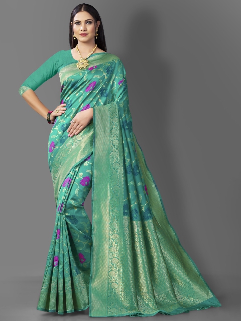 

Jinax Teal & Purple Woven Design Zari Pure Silk Banarasi Saree