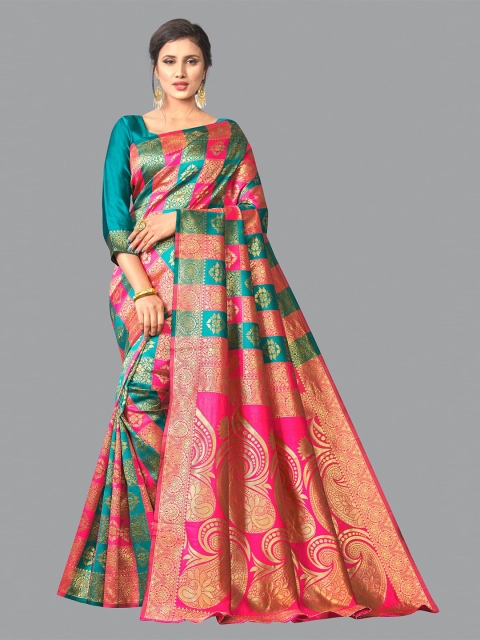 

Jinax Pink & Teal Woven Design Zari Pure Silk Banarasi Saree