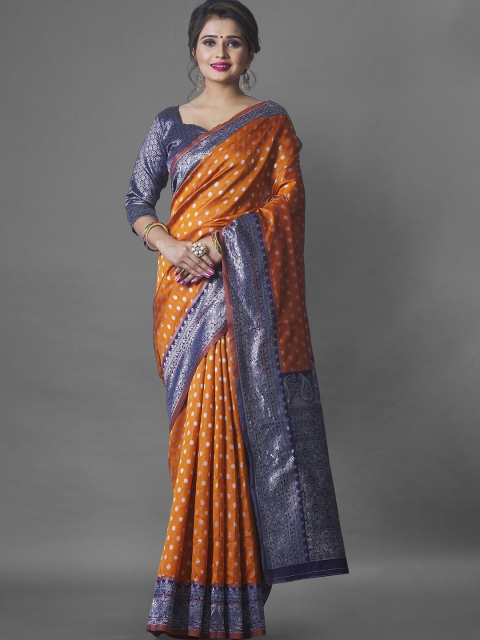 

Jinax Orange & Blue Woven Design Zari Pure Silk Banarasi Saree