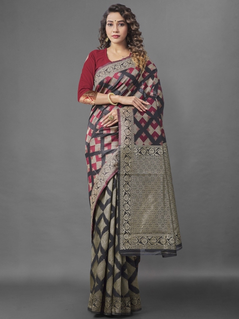 

Jinax Black & Maroon Woven Design Zari Pure Silk Banarasi Saree
