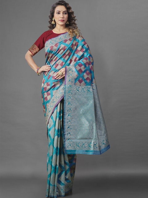 

Jinax Teal & Maroon Woven Design Zari Pure Silk Banarasi Saree