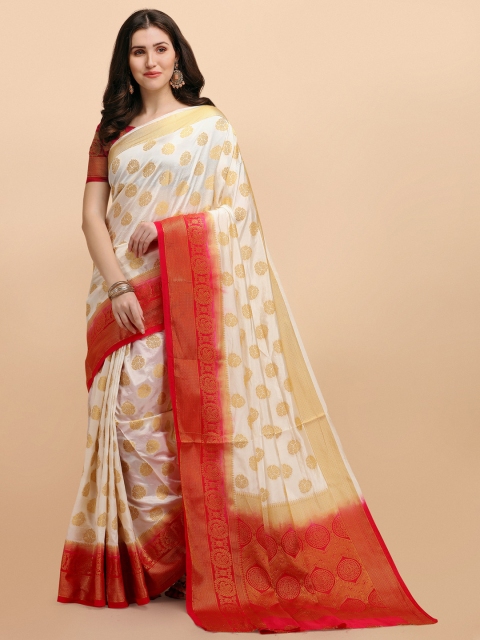 

Jinax Cream & Red Woven Design Zari Pure Silk Banarasi Saree
