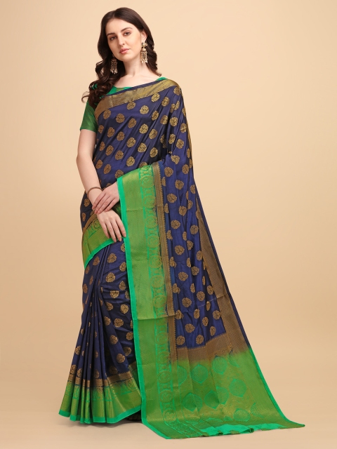 

Jinax Navy Blue & Green Woven Design Zari Pure Silk Banarasi Saree