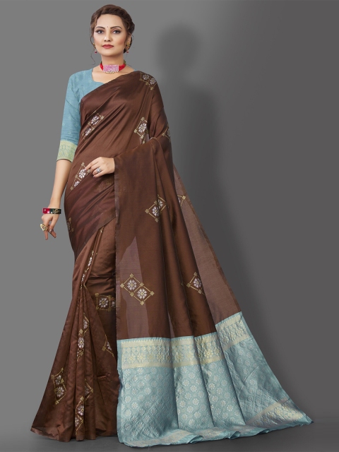 

Jinax Brown & Blue Woven Design Pure Silk Banarasi Saree