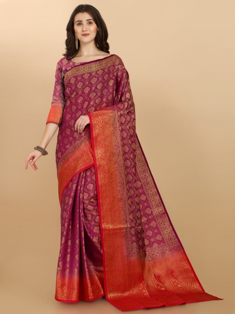 

Jinax Purple & Gold-Toned Woven Design Zari Pure Silk Banarasi Saree