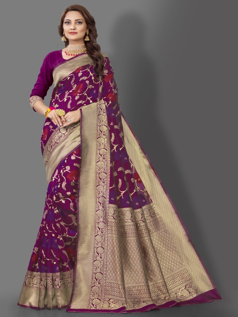 

Jinax Purple & Gold-Toned Floral Zari Pure Silk Banarasi Saree