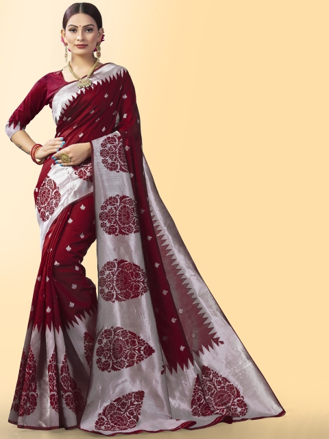 

Jinax Maroon & Silver-Toned Woven Design Zari Pure Silk Banarasi Saree