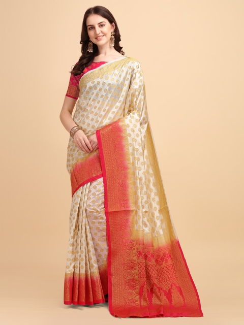 

Jinax Cream-Coloured & Pink Woven Design Zari Pure Silk Banarasi Saree