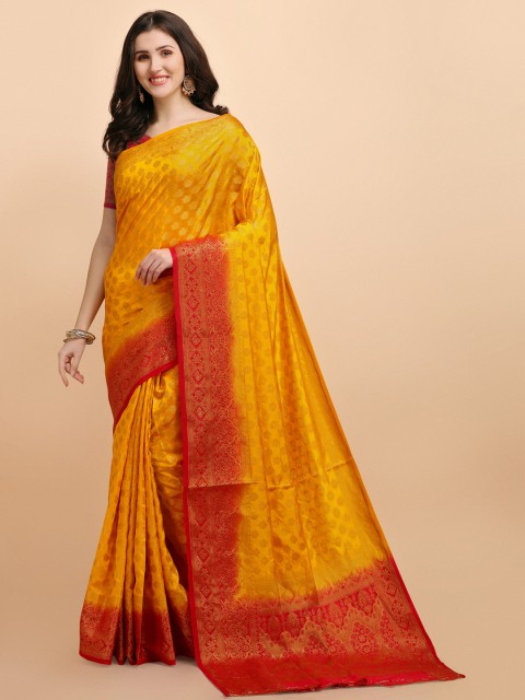 

Jinax Yellow & Red Woven Design Zari Pure Silk Banarasi Saree