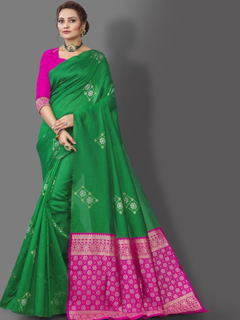 

Jinax Green & Pink Woven Design Zari Pure Silk Banarasi Saree