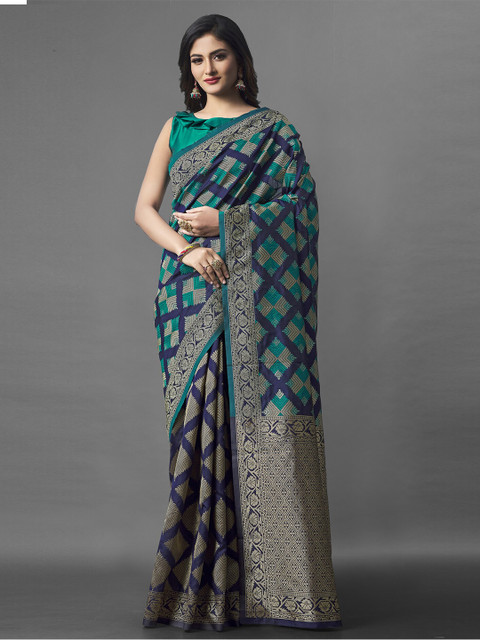 

Jinax Navy Blue & Green Woven Design Zari Pure Silk Banarasi Saree