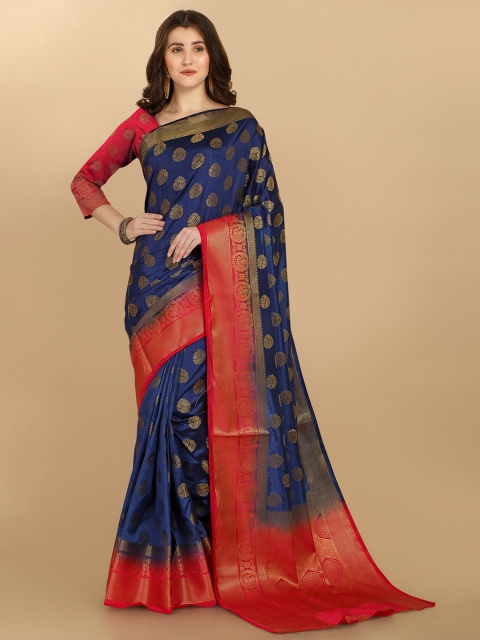 

Jinax Navy Blue & Red Woven Design Zari Pure Silk Banarasi Saree