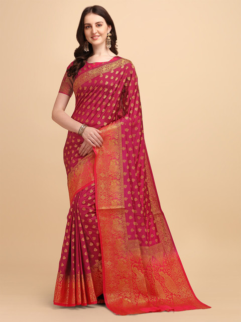 

Jinax Maroon & Red Woven Design Zari Pure Silk Banarasi Saree