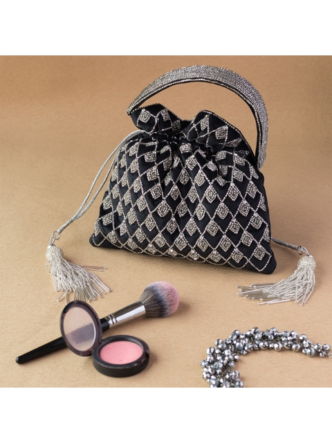 

Angeline Black & Silver-Toned Embellished Potli Clutch