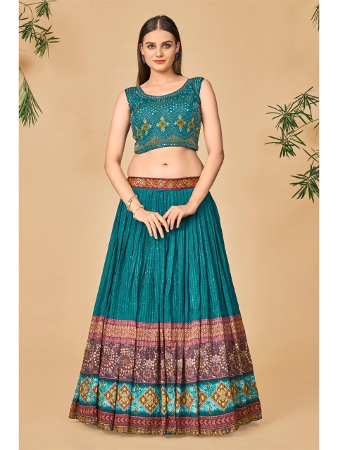 

DRESSTIVE Navy Blue & Yellow Embroidered Mirror Work Ready to Wear Lehenga & Blouse With Dupatta