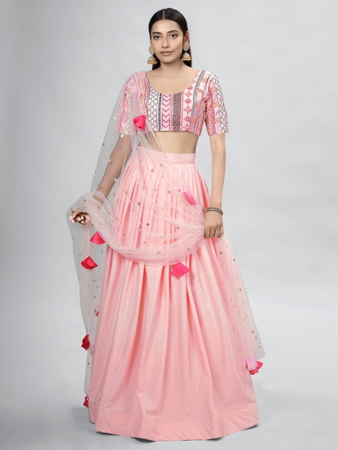 

DRESSTIVE Peach-Coloured & Red Embroidered Thread Work Semi-Stitched Lehenga & Unstitched Blouse With
