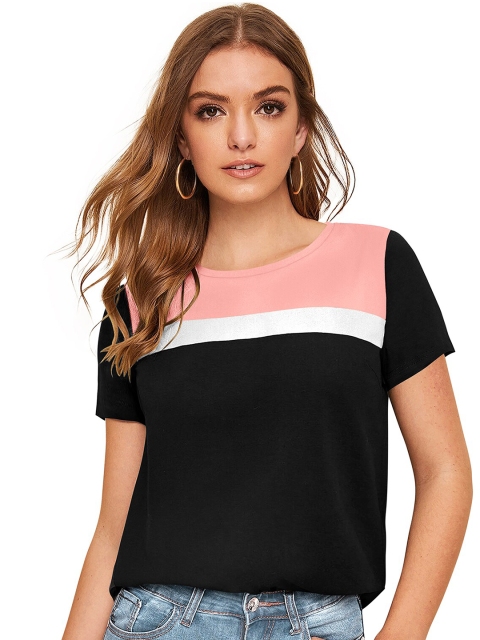 

FAVRIZ Peach-Coloured & Black Colourblocked Top