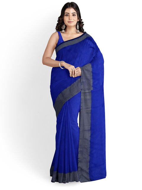 

KALINI Blue & Grey Silk Cotton Plain Saree