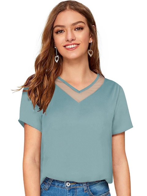 

FAVRIZ Women Turquoise Blue V-Neck Top