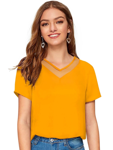 

FAVRIZ Women Yellow Solid V-Neck Top