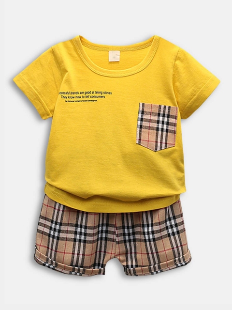 

Hopscotch Boys Yellow & Brown Printed T-shirt with Shorts